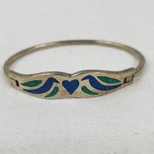 Vintage Mexico Hinged Decorative Bangel Blue/Green Resin Bracelet Heart